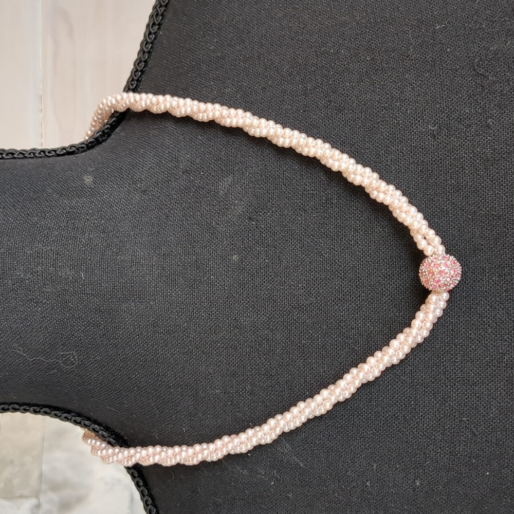 Pink Necklace 3 Strands Twisted Faux Pearls With Rhinestone Bead Charm Choker